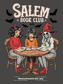 DrmWander 女款 Salem Book Club 圖案圓領短袖 T 恤，復古女巫骷髏蝙蝠印花落肩寬鬆休閒上衣，萬聖節復古 Y2K 風格 - 深灰色 - 查看 7