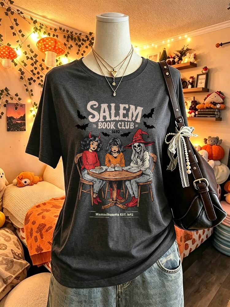 DrmWander Women Salem Book Club Graphic Crew Neck Short Sleeve T‑Shirt, Retro Witch Skeleton Bat Print Drop Shoulder Loose Casual Tee, Halloween Vintage Y2K - Dark Grey - View 5