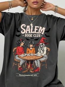 DrmWander 女款 Salem Book Club 圖案圓領短袖 T 恤，復古女巫骷髏蝙蝠印花落肩寬鬆休閒上衣，萬聖節復古 Y2K 風格 - 深灰色 - 查看 6