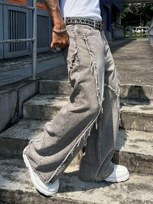 Manfinity EMRG Men's Casual Street Style Patchwork Frayed Hem Grey Washed Denim Straight Wide Leg Pants - Grey - View 6