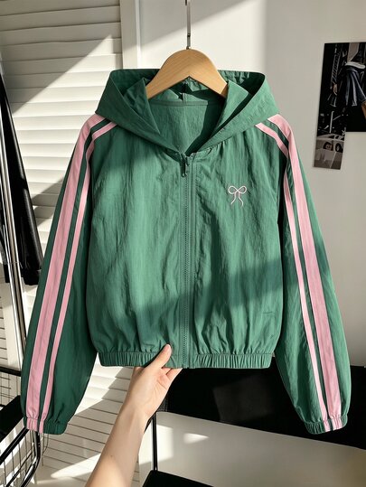 SHEIN Girls' Green Hooded Jacket With Pink And White Side Stripes And Bow Print, Fall Clothes, Fall, Casual Everyday Outerwear
