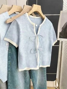 SHEIN Franclia 休闲宽松圆领短袖针织上衣，前系带设计，撞色滚边，适合春夏女装，短袖开衫，新款女装，女士休闲装，可爱开衫，女装 - 彩色 - 查看 6