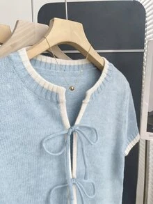 SHEIN Franclia 休闲宽松圆领短袖针织上衣，前系带设计，撞色滚边，适合春夏女装，短袖开衫，新款女装，女士休闲装，可爱开衫，女装 - 彩色 - 查看 5