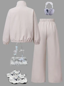 SHEIN Sparklyn 少女中式運動服套裝，秋季穿搭，新中式青蛙盤扣立領外套 + 寬腿褲 - 杏色 - 查看 3