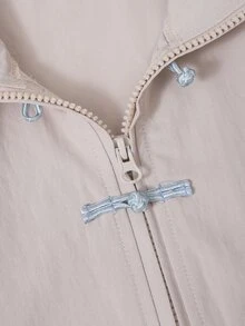 SHEIN Sparklyn 少女中式運動服套裝，秋季穿搭，新中式青蛙盤扣立領外套 + 寬腿褲 - 杏色 - 查看 10