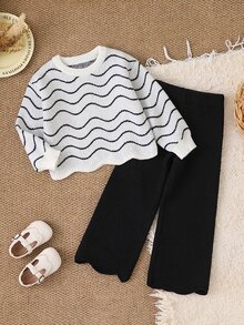 SHEIN 女童秋冬時尚極簡條紋長袖套頭衫與長褲套裝 - 彩色 - 查看 3