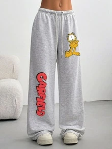 Muchica GARFIELD | SHEIN 女款秋冬卡通印花抽繩腰鬆款運動長褲，休閒日常穿著 - 淺灰色 - 查看 4