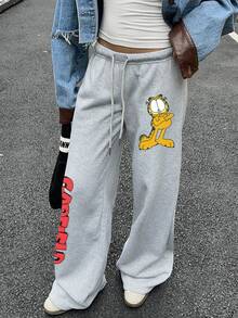Muchica GARFIELD | SHEIN 女款秋冬卡通印花抽繩腰鬆款運動長褲，休閒日常穿著 - 淺灰色 - 查看 5
