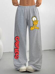 Muchica GARFIELD | SHEIN 女款秋冬卡通印花抽繩腰鬆款運動長褲，休閒日常穿著 - 淺灰色 - 查看 7
