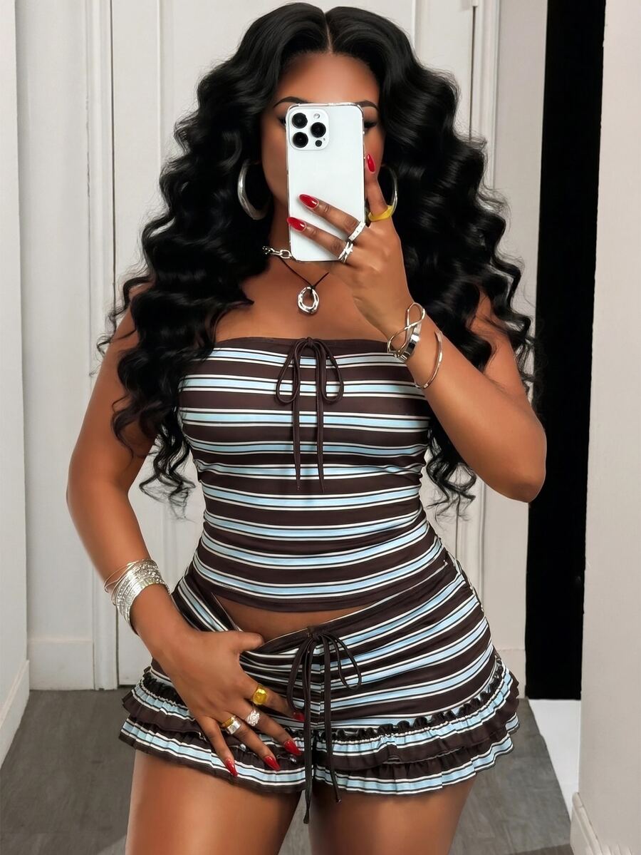 Slaydiva Plus Size Women 2pcs Set: Striped Front Tie Bandeau Top And Shorts - Multicolor - View 1