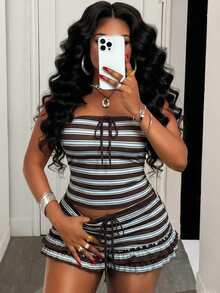Slaydiva Plus Size Women 2pcs Set: Striped Front Tie Bandeau Top And Shorts - Multicolor - View 7