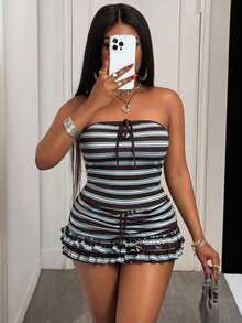 Slaydiva Plus Size Women 2pcs Set: Striped Front Tie Bandeau Top And Shorts - Multicolor - View 5