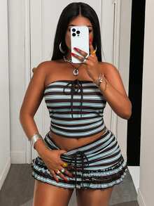 Slaydiva Plus Size Women 2pcs Set: Striped Front Tie Bandeau Top And Shorts - Multicolor - View 6