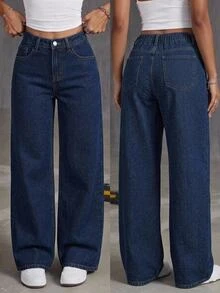 SHEIN Girlism 青少年女孩深藍色牛仔寬鬆長褲 度假 世界盃 - 藍色 - 查看 2