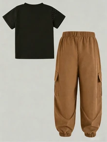 SHEIN Tween Boy Pony Print Kids Crew Neck T-Shirt And Cargo Pants Set - Multicolor - View 2