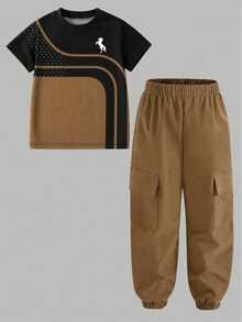 SHEIN Tween Boy Pony Print Kids Crew Neck T-Shirt And Cargo Pants Set - Multicolor - View 3