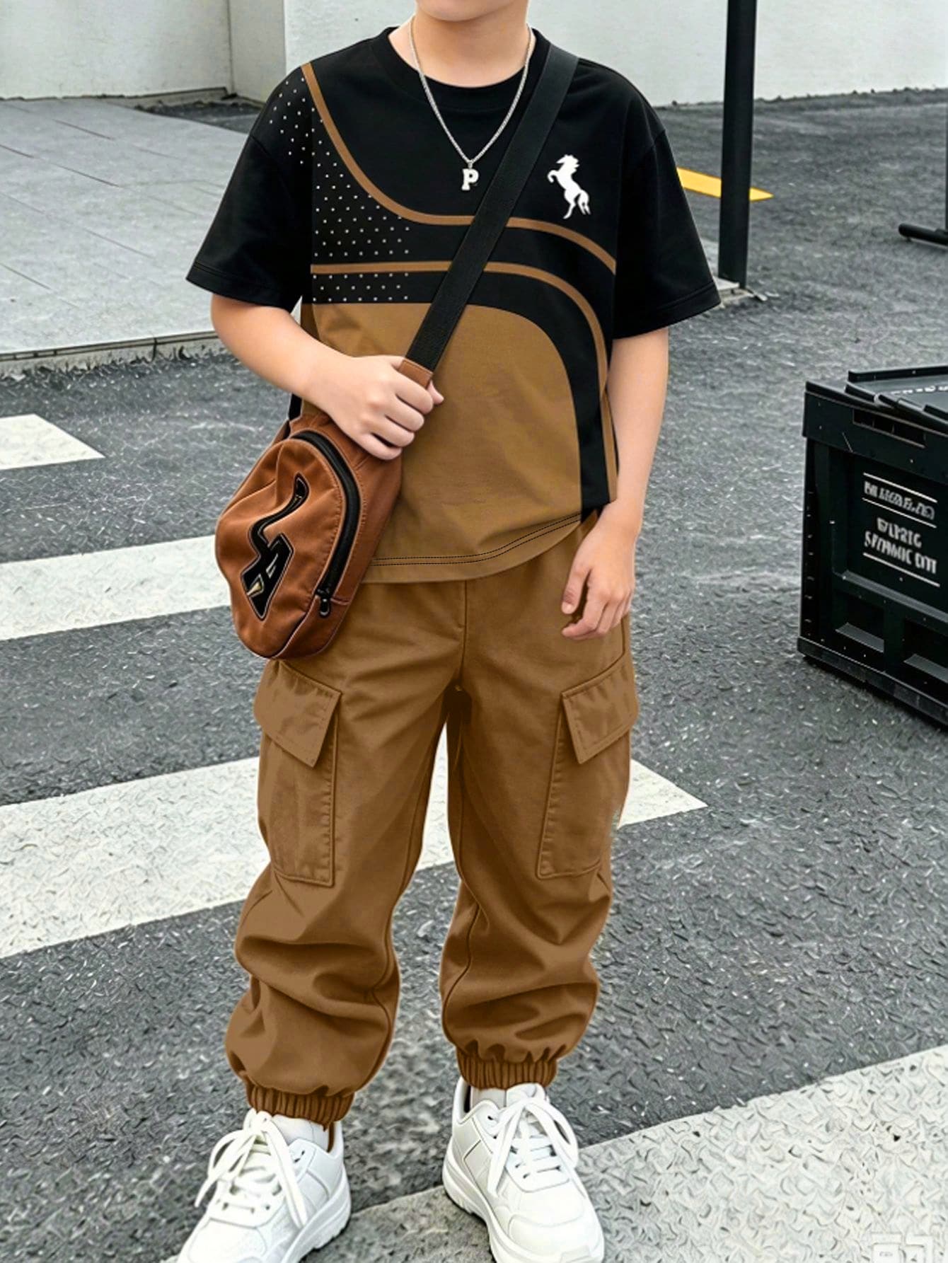 SHEIN Tween Boy Pony Print Kids Crew Neck T-Shirt And Cargo Pants Set - Multicolor - View 1