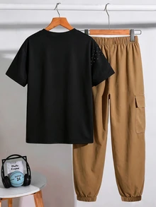 SHEIN Tween Boy Pony Print Kids Crew Neck T-Shirt And Cargo Pants Set - Multicolor - View 5