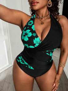 Slaydiva Plus Size Deep V-Neck Halter Swimsuit, Black & Pink Hibiscus Patchwork Slimming One-Piece Swimwear, Summer Beach Holiday - Multicolor - View 5