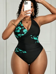Slaydiva Plus Size Deep V-Neck Halter Swimsuit, Black & Pink Hibiscus Patchwork Slimming One-Piece Swimwear, Summer Beach Holiday - Multicolor - View 6