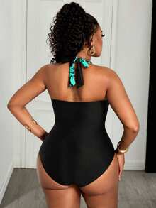Slaydiva Plus Size Deep V-Neck Halter Swimsuit, Black & Pink Hibiscus Patchwork Slimming One-Piece Swimwear, Summer Beach Holiday - Multicolor - View 2