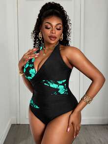 Slaydiva Plus Size Deep V-Neck Halter Swimsuit, Black & Pink Hibiscus Patchwork Slimming One-Piece Swimwear, Summer Beach Holiday - Multicolor - View 3