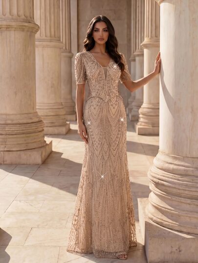 Coutiva Elegant Sequined Embroidered Deep V-Neck 2 In 1 Dress Features A Mermaid-Style Skirt And Is Suitable For Formal Evening Wear, Wedding Guest Attire, Party Dresses, Mother-Of-The-Bride's Wedding Dress, And Graduation Ceremony Dresses.