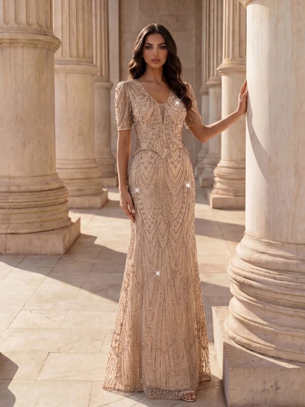 Coutiva Elegant Sequined Embroidered Deep V-Neck 2 In 1 Dress Features A Mermaid-Style Skirt And Is Suitable For Formal Evening Wear, Wedding Guest Attire, Party Dresses, Mother-Of-The-Bride's Wedding Dress, And Graduation Ceremony Dresses.