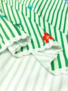 Trelyra Blue And White Stripe Marine Creature Print Tie Front Crop Blouse Fresh Cottage Tropical Cute Casual Style Autumn Picnic Vacation Beach Women - Multicolor - View 5