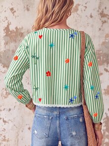Trelyra Blue And White Stripe Marine Creature Print Tie Front Crop Blouse Fresh Cottage Tropical Cute Casual Style Autumn Picnic Vacation Beach Women - Multicolor - View 2