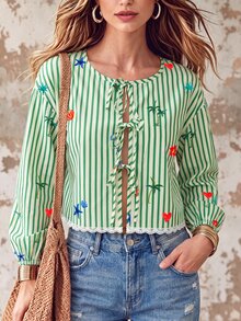 Trelyra Blue And White Stripe Marine Creature Print Tie Front Crop Blouse Fresh Cottage Tropical Cute Casual Style Autumn Picnic Vacation Beach Women - Multicolor - View 7