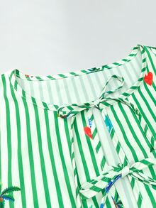 Trelyra Blue And White Stripe Marine Creature Print Tie Front Crop Blouse Fresh Cottage Tropical Cute Casual Style Autumn Picnic Vacation Beach Women - Multicolor - View 4