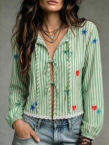 Trelyra Blue And White Stripe Marine Creature Print Tie Front Crop Blouse Fresh Cottage Tropical Cute Casual Style Autumn Picnic Vacation Beach Women - Multicolor - View 1