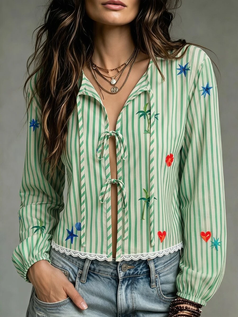 Trelyra Blue And White Stripe Marine Creature Print Tie Front Crop Blouse Fresh Cottage Tropical Cute Casual Style Autumn Picnic Vacation Beach Women - Multicolor - View 1