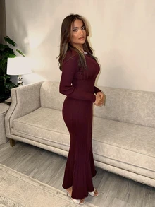 Modelyn Women's Elegant Rhinestone Decorated Mermaid Knit Dress, Autumn/Winter - Burgundy - View 3