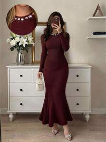 Modelyn Women's Elegant Rhinestone Decorated Mermaid Knit Dress, Autumn/Winter - Burgundy - View 1