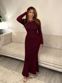 Modelyn Women's Elegant Rhinestone Decorated Mermaid Knit Dress, Autumn/Winter - Burgundy - View 5