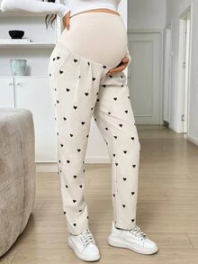 SHEIN 孕婦愛心印花可調腰圍休閒長褲 冬季 - 杏色 - 查看 4