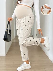 SHEIN 孕婦愛心印花可調腰圍休閒長褲 冬季 - 杏色 - 查看 2