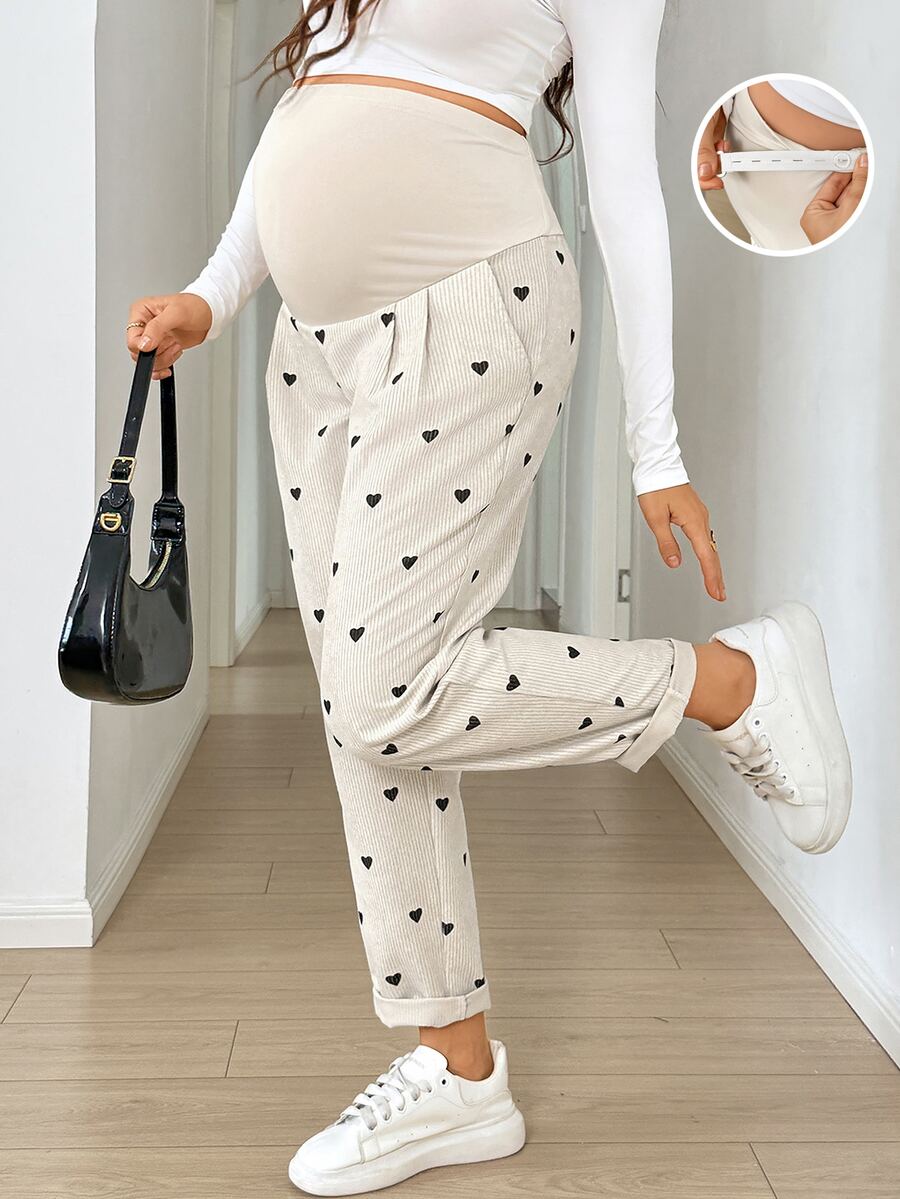SHEIN بنطال كاجوال للحوامل بطبعة قلب وخصر قابل للتعديل للشتاء - لون مشمشي - مشاهدة 1
