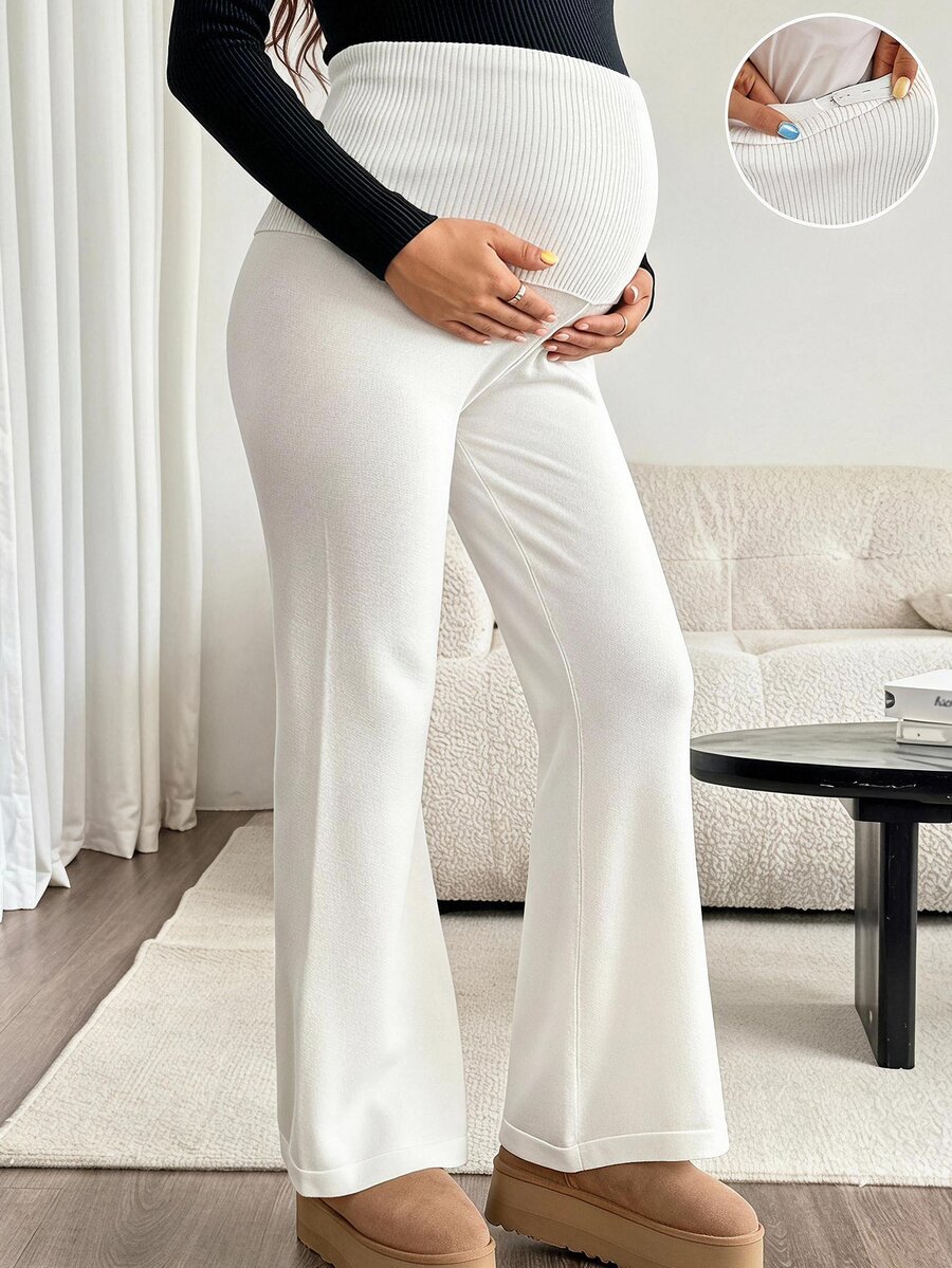SHEIN Maternity Solid Color Flared Knit Pants Winter Fall/Winter Casual - Beige - View 1