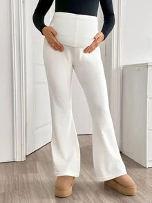 SHEIN Maternity Solid Color Flared Knit Pants Winter Fall/Winter Casual - Beige - View 4