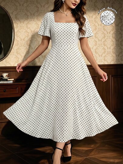 Auvina Plus Size French Vintage Black & White Polka Dot Dress, Square Neck, Flutter Sleeves, Cinched Waist, Back Tie, Flattering Mid-Length A-Line Skirt
