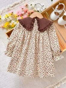 Young Girl Young Girl Young Girl Plaid Patchwork Peter Pan Collar Dress Kids - Coffee - View 6
