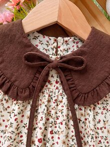 Young Girl Young Girl Young Girl Plaid Patchwork Peter Pan Collar Dress Kids - Coffee - View 3