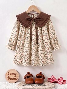 Young Girl Young Girl Young Girl Plaid Patchwork Peter Pan Collar Dress Kids - Coffee - View 5