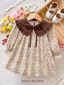 Young Girl Young Girl Young Girl Plaid Patchwork Peter Pan Collar Dress Kids - Coffee - View 7