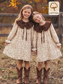 Young Girl Young Girl Young Girl Plaid Patchwork Peter Pan Collar Dress Kids - Coffee - View 2