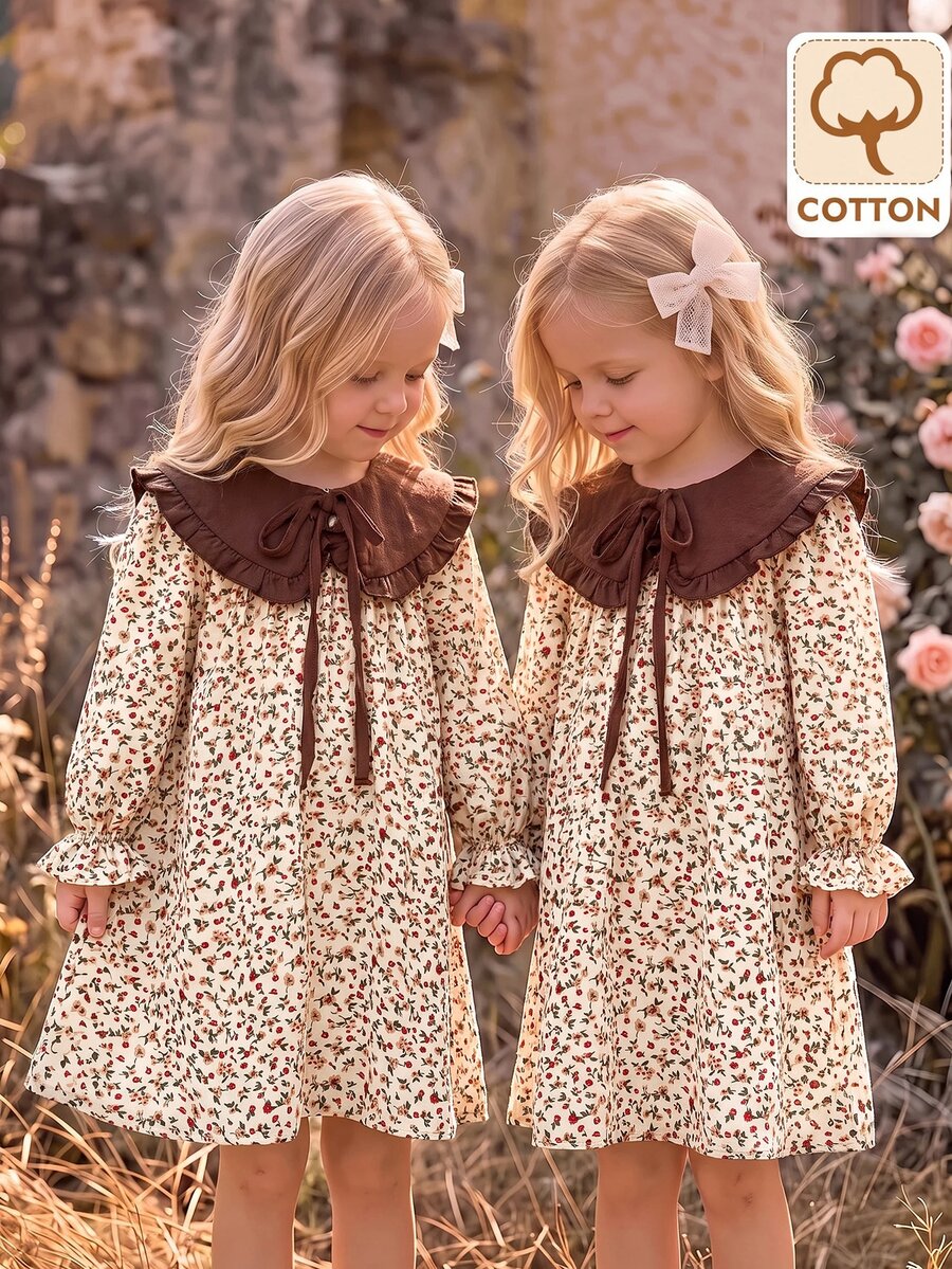 Young Girl Young Girl Young Girl Plaid Patchwork Peter Pan Collar Dress Kids - Coffee - View 1