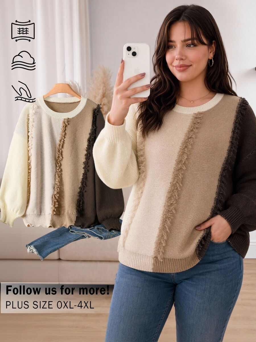 CosyJoli Plus Size Women's Colorblock Tassel Trim Loose Casual Pullover Sweater Winter